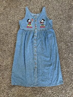 Vintage Disney Denim Dress Mickey & Minnie Embroidered Button-Front Midi